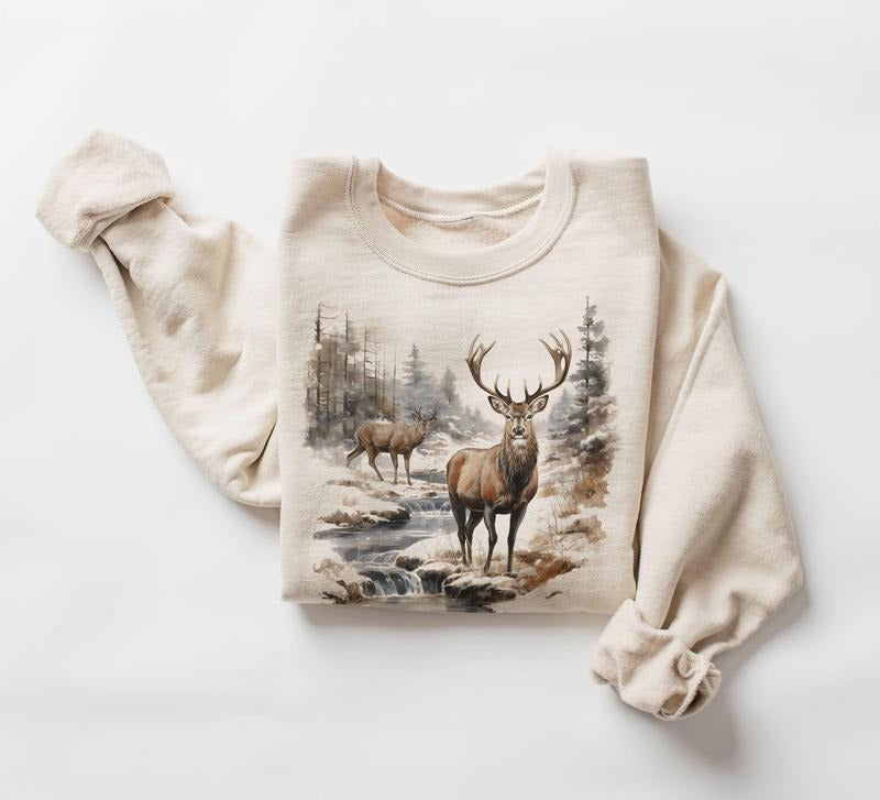 Retro Deer Sweatshirt, Vintage Buck And Doe Deer Sweater, Christmas Sweatshirt, Retro Deer Shirt, Buck Shirt, Animal...
