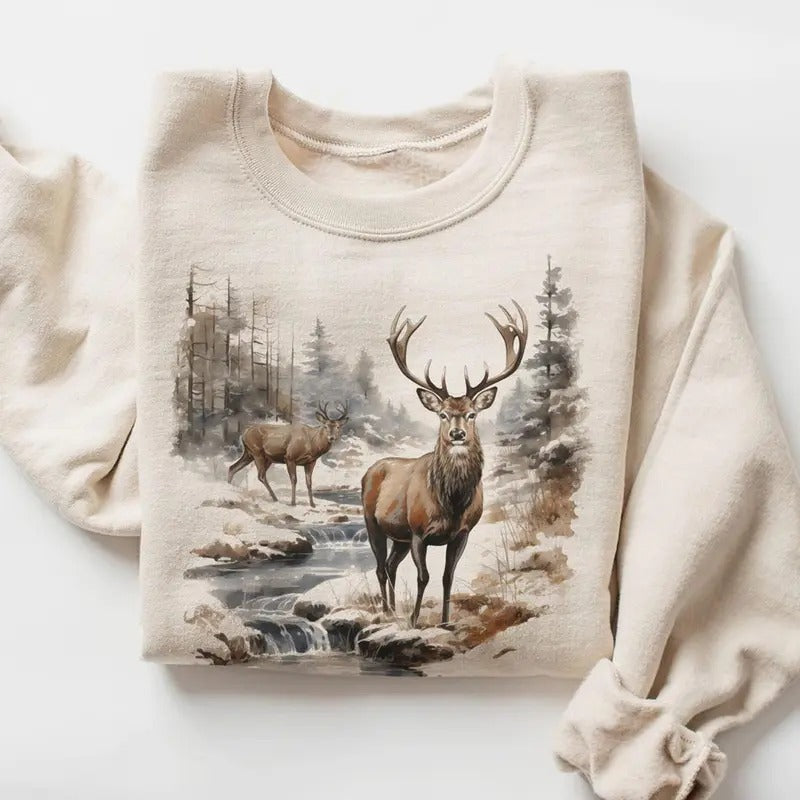 Retro Deer Wilderness Scene Sweatshirt - Nineties Vintage Buck And Doe Deer Outfit