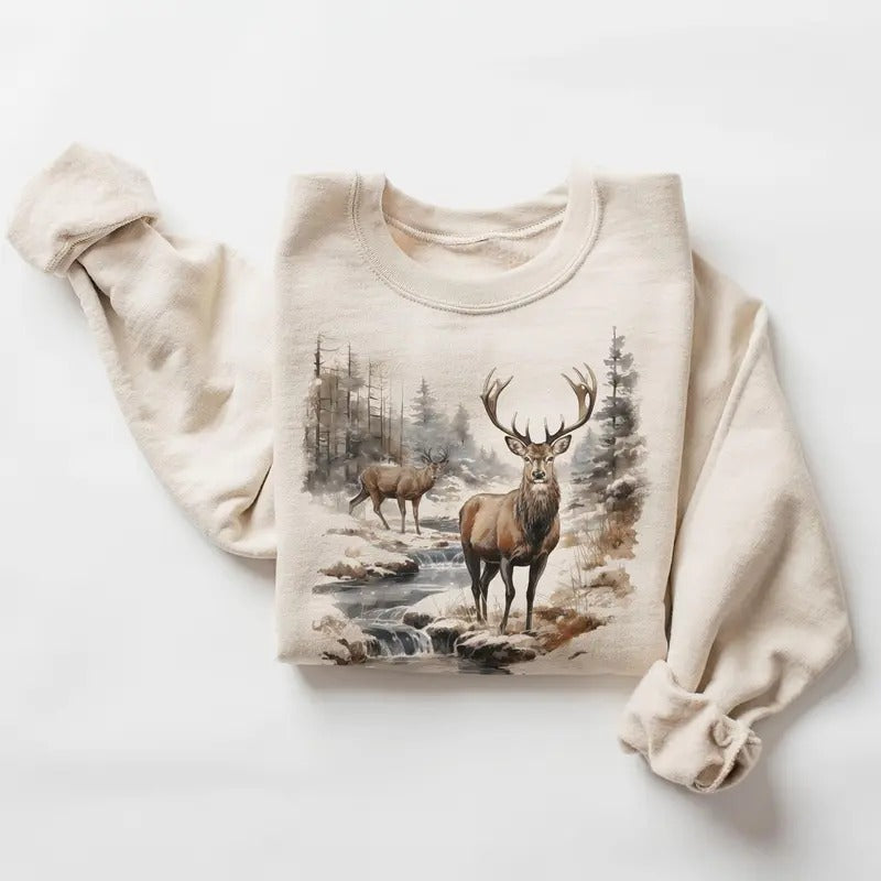 Retro Deer Wilderness Scene Sweatshirt, Vintage Buck And Doe Deer Outfit, Boho Unisex Crewneck Sweatshirt Shirt Hoodie