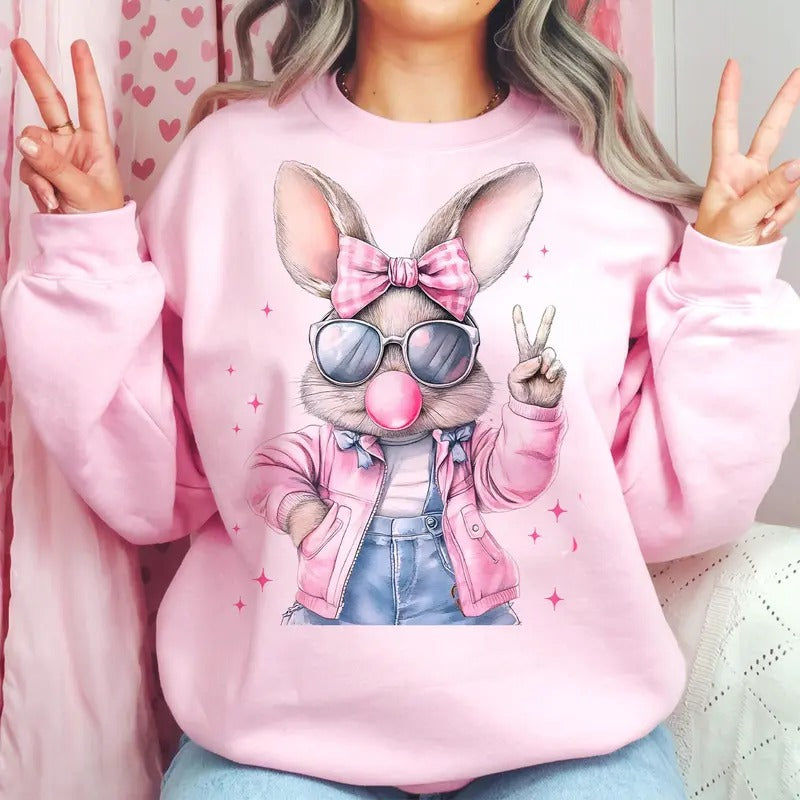 Retro Easter Bunny Blowing Bubble Sweatshirt, Vintage Happy Easter Shirt, Funny Easter Bunnie Sunglasses Easter Holiday...