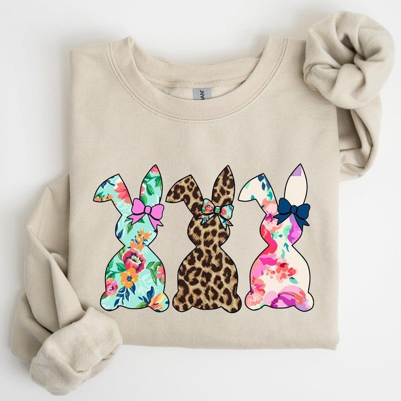 Retro Easter Rabbits, Floral, Leopard, Bunnies Sweatshirt, Women's Crew Neck, Crewneck Shirt Hoodie | PrintMintTees.com