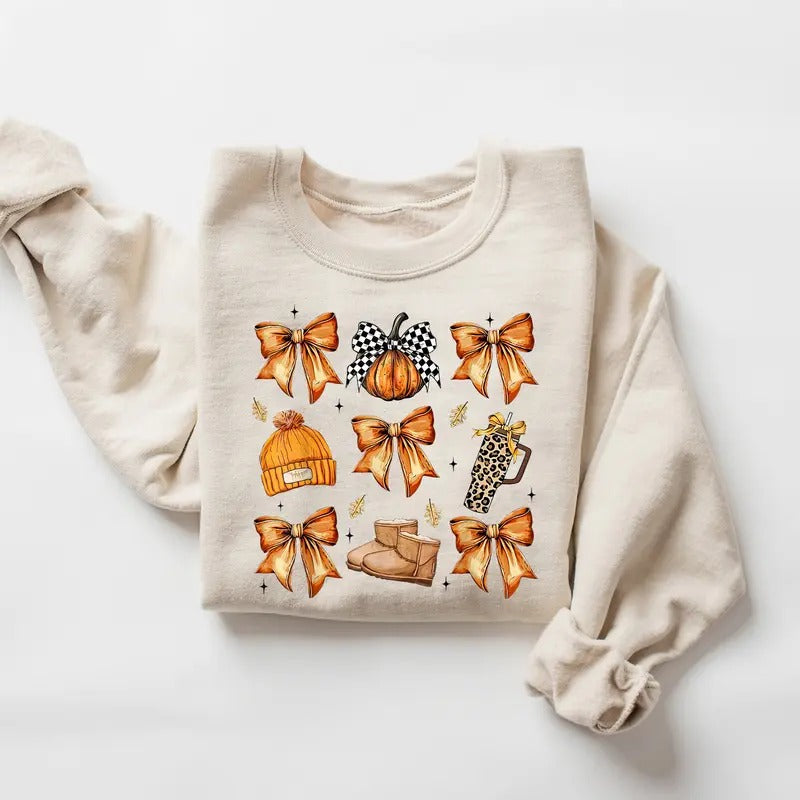 Retro Fall Pumpkin Bow Sweatshirt, Fall Coquette Bow Sweater, Retro Fall Basics Shirt, Autumn Fall Shirt Png, Autumn...