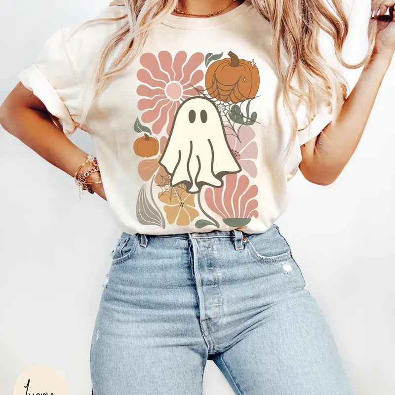 Retro Floral Ghost Shirt for Women, Boho Flower Halloween Tee, Cute Fall Teacher T-Shirt, Spooky Season Comfort Colors...