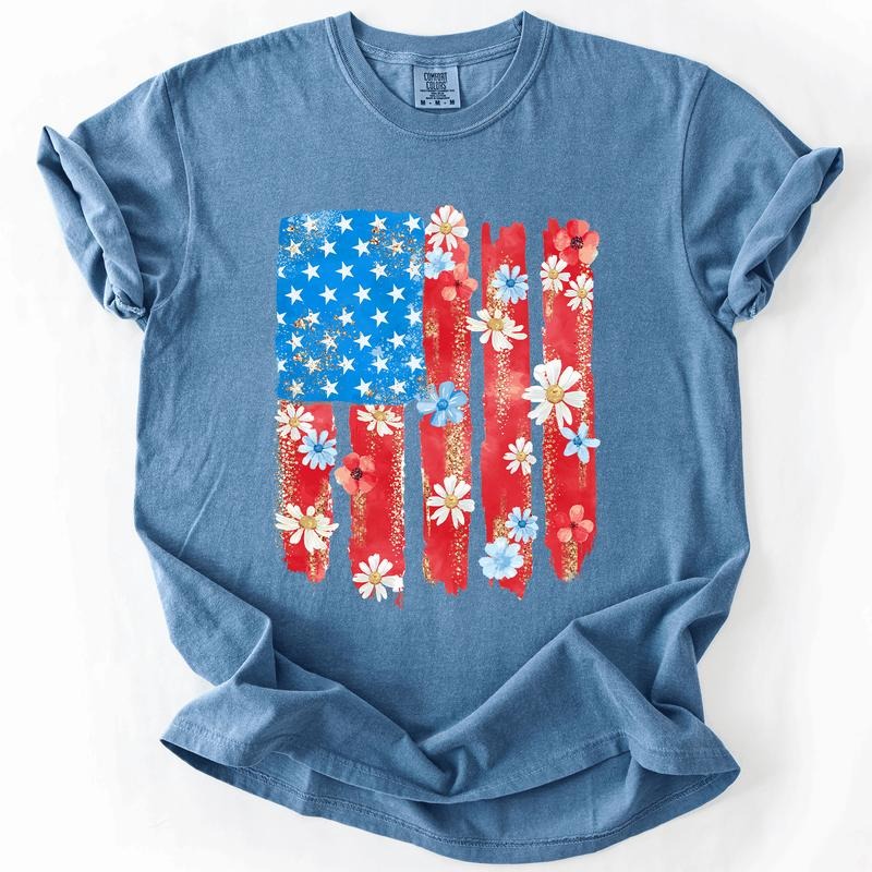 Retro Flower Flag, Fourth of July, America, Patriotic, USA, Comfort Colors T-Shirt, Women's Comfort Colors Tee Hoodie...