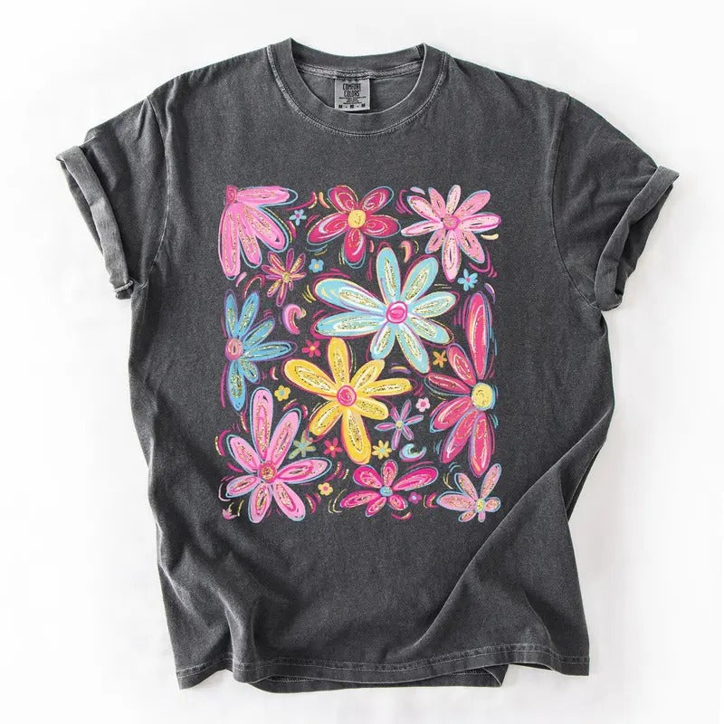 Retro Flowers, Beautiful, Bright, Colorful, Pastels Tshirt, Women's Comfort Colors Tee Hoodie, Sweatshirt | PrintMintTees.com