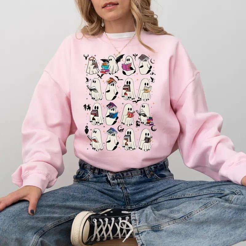 Retro Ghost Book Fantasy Sweatshirt, Fourth Wing Acotar Throne of Glass Crescent City Shirt, Halloween Book Lover Gift,...