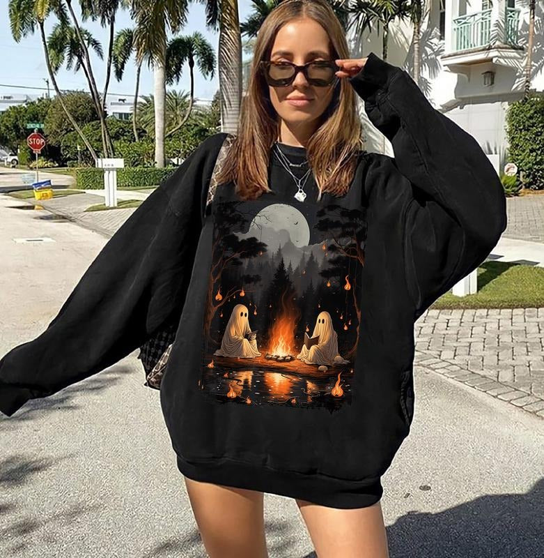 Retro Ghost Book Reading Camping Gothic Halloween Teachers Sweatshirt, Vintage Ghost Book Reading Shirt, Halloween Trip...