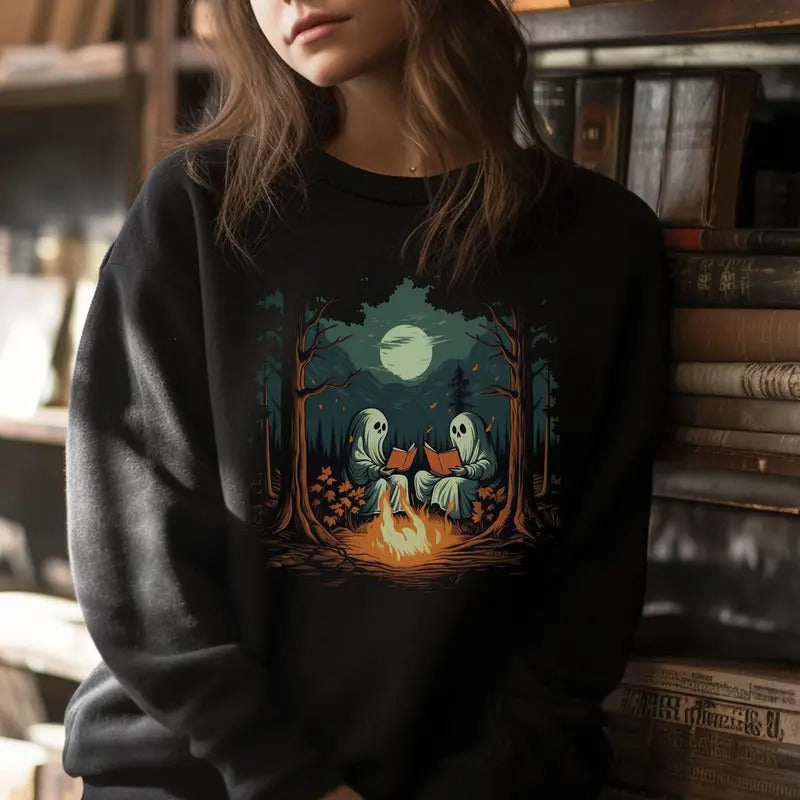 Retro Ghost Book Reading Camping Gothic Halloween Teachers Sweatshirt, Vintage Ghost Book Reading Shirt, Halloween Trip...