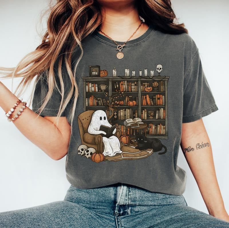 Retro Ghost Reading Books Comfort Colors Shirt, Librarian Ghost Halloween, Halloween Teacher Tee, Halloween Shirt,...