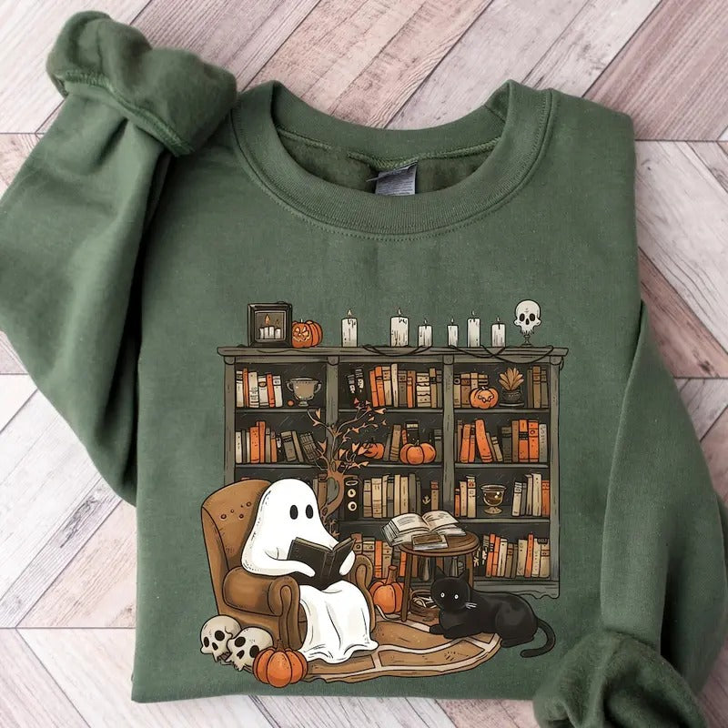 Retro Ghost Reading Books Sweatshirt, Librarian Ghost Halloween, Halloween Teacher Sweatshirt Cotton Sweaters Shirt Hoodie