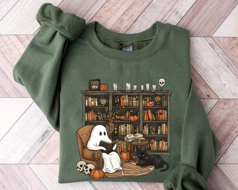 Retro Ghost Reading Books Sweatshirt, Librarian Ghost Halloween, Halloween Teacher Sweatshirt, Halloween Shirt, Boo...