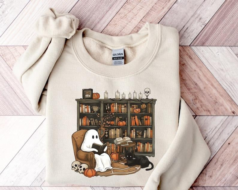 Retro Ghost Reading Books Sweatshirt, Librarian Ghost Halloween, Halloween Teacher Sweatshirt, Halloween Shirt, Teacher...