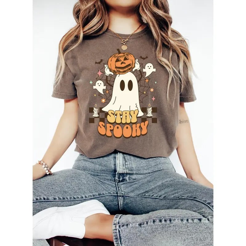 Retro Ghost Shirt, Cute Fall Halloween Tee, Spooky Season shirt, Women's Halloween T-Shirt, Oversized Pumpkin Top Hoodie...