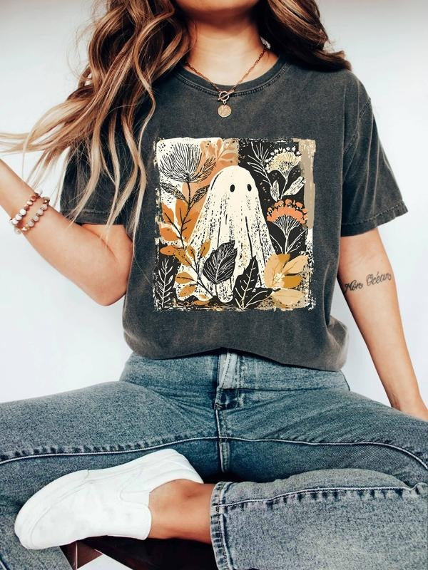 Retro Ghost Shirt, Flower Ghost Halloween Round Neck, Flower Halloween Gift, Retro Autumn Shirt, Weird Shirt Hoodie...