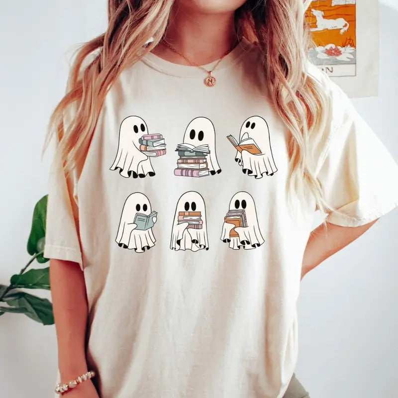 Retro Ghosts Reading Books Teacher  Halloween Gift Spooky Season Trendy Shirt Gift Halloween Hoodie Sweatshirt