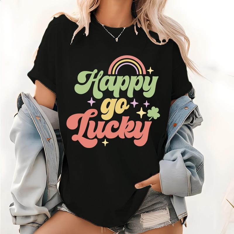 Retro Go Lucky Pattern T-Shirt, St. Patrick's Day Short Sleeve Tops, St. Patty's Day Tee, Clover Shamrock Tee, Lucky...