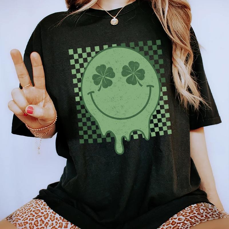 Retro Groovy Smile Face Patrick'S Day Lucky Sublimation Lucky Saint Patty Day Woman Sparky Clover Shirt Four Leaf Clover Lover Party Shirt Her T-Shirts, Hoodie, Sweatshirt