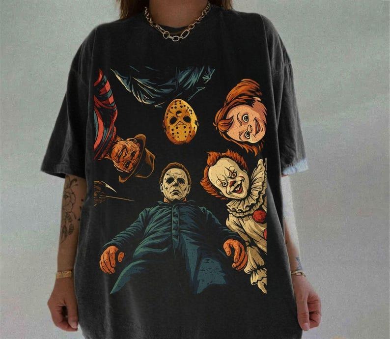 Retro Halloween Characters Tshirt, Vintage Halloween Horror Movie Shirt, Trendy Graphic Scary Movie Tee, Spooky Season...
