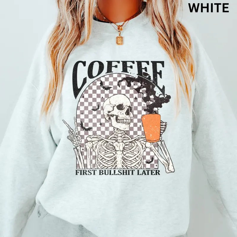 Retro Halloween Crewneck, Halloween Coffee First Sweatshirt, Oversized Halloween Graphic Crewneck, Cotton Pullover Spooky...