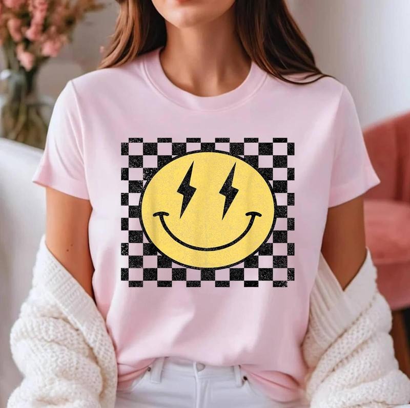 Retro Happy Face Shirt Checkered Pattern Smile Face Trendy T-Shirt | Tee For Men and Women, Unisex Cotton Hoodie, Sweatshirt
