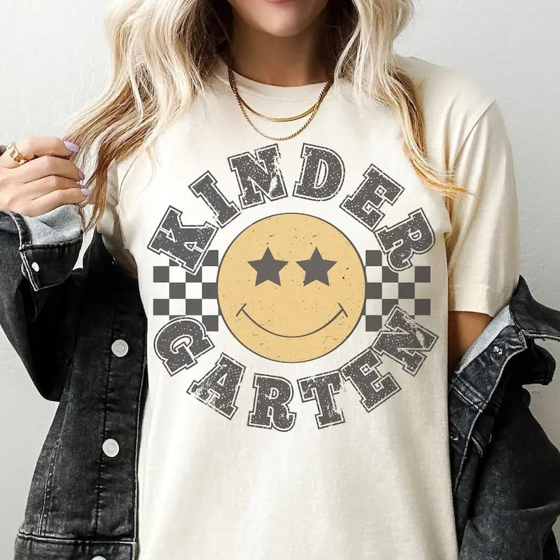 Retro Kindergarten Grade Teacher Shirt, Kinder Grade shirt, First Day of School Matching TShirt, New Teacher Gift,...