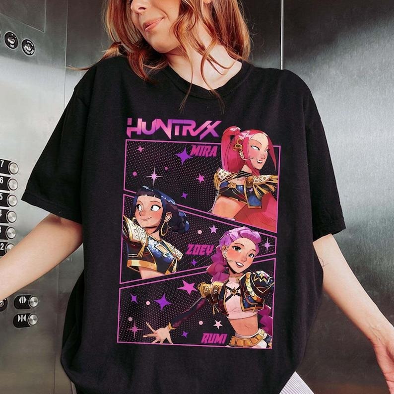 Retro Kpop Demon Hunters T-Shirt Gift for Woman, Jinu Manga, Huntrix PIN, Merch, Saja Girls Fan Hoodie Sweatshirt