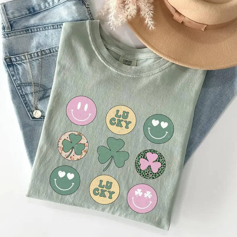 Retro Lucky Smileys, St Patrick's Day Comfort Colors Tshirt, Women's Crew Neck, Crewneck Hoodie Sweatshirt