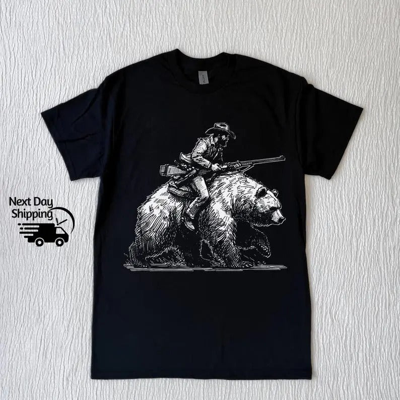 Retro Lumberjack Cowboy Riding A Bear 90s Tshirt, Vintage Hiking T-Shirt, Vintage Washed Shirt, Retro Distressed Shirt,...
