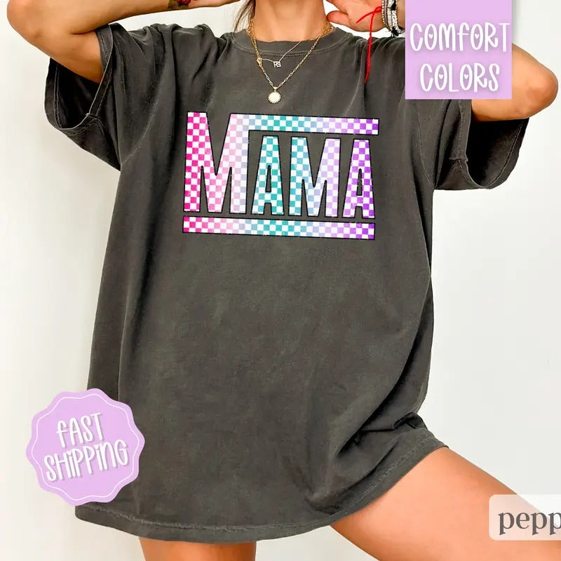 Retro Mama Checkered Shirt, Mother's Day Gift for Mom, Mom Shirt, Retro Mama Shirt, Comfort Colors Mama Tshirt Cotton...