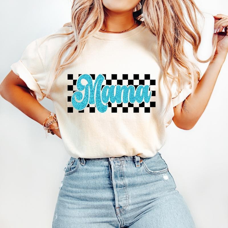 Retro Mama T-Shirt-sweatshirt-hoodie, Blue Mom T-Shirt, Retro Checkered T-Shirt, Trendy Mom Shirt Design | PrintMintTees.com