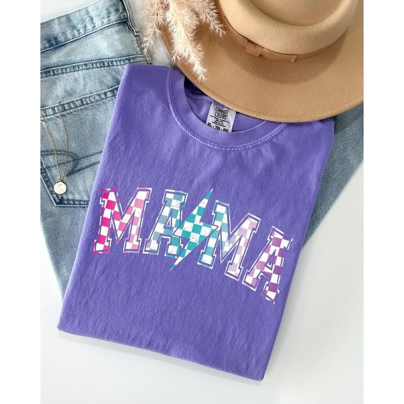 Retro Mama, Checkered, Lightening Bolt, Colorful, Mother, Mom Shirt, Women's Comfort Color Tee, Tshirt Hoodie Sweatshirt