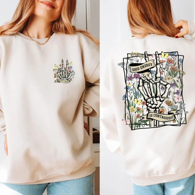 Retro Mental Health Sweatshirt Good Energy Is Contagious Mental Health Sweatshirt Mental Health Sweater Skull Skeleton...