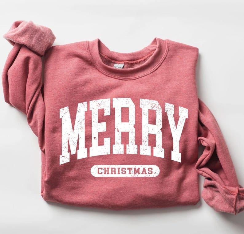 Retro Merry Christmas Sweatshirt, Varsity Holiday Crewneck, Retro Christmas Tree Christmas Gift Sweater Shirt Hoodie