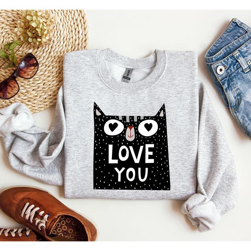 Retro Mini Cat Funny Sweatshirt, Vintage Valentine's Day Sweatshirt, Crew Neck, Women's, Crewneck, Valentine's Day, Love,...