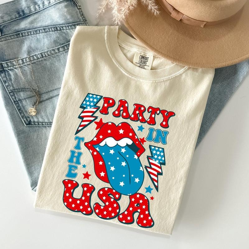 Retro Party In The USA, Tongue, 4th of July Tshirt, Women's Crew Neck, Crewneck Hoodie, Sweatshirt | PrintMintTees.com