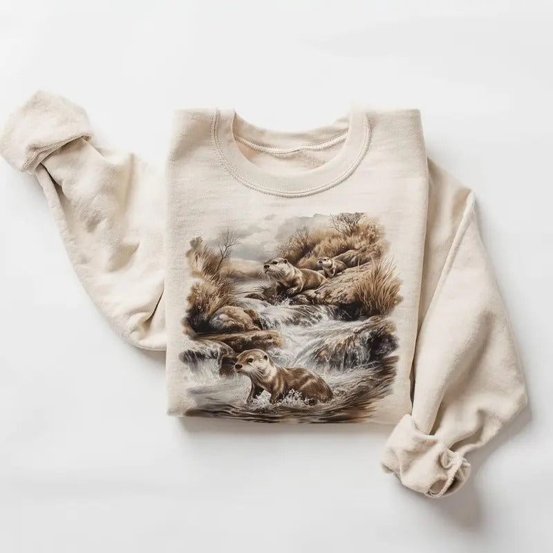 Retro River Otters Waterfall Scene Sweatshirt
