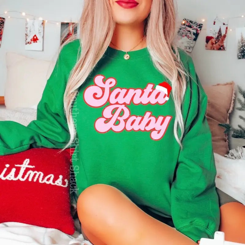 Retro Santa Baby Sweatshirt | Christmas Sweatshirt | Green Sweatshirt Shirt Hoodie | PrintMintTees.com
