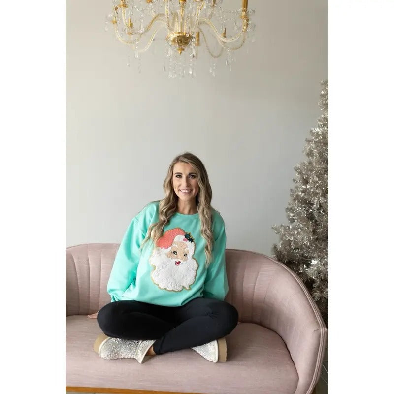 Retro Santa Chenille Patch Sweatshirt | Holiday Christmas Sweatshirt Shirt Hoodie | PrintMintTees.com