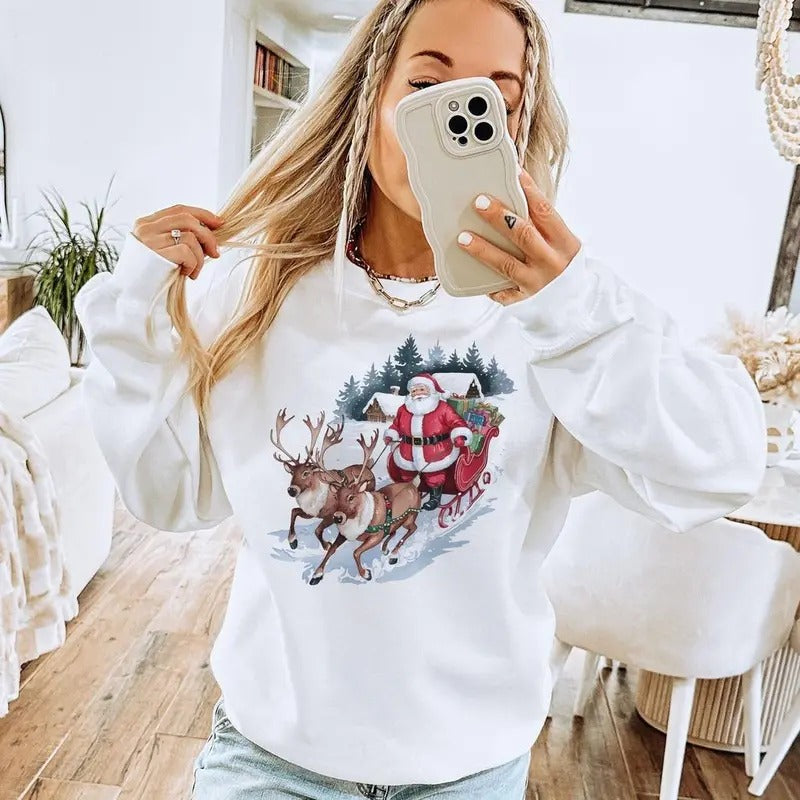 Retro Santa and Reindeer Christmas Winter Cabin Sweatshirt - 90s Santa Claus Sleigh Snowy Forest