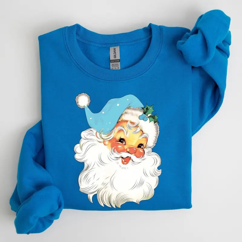 Retro Santa Blue Classic Twinkle Winter Xmas Crew Neck T-Shirts, Hoodie, Sweatshirt