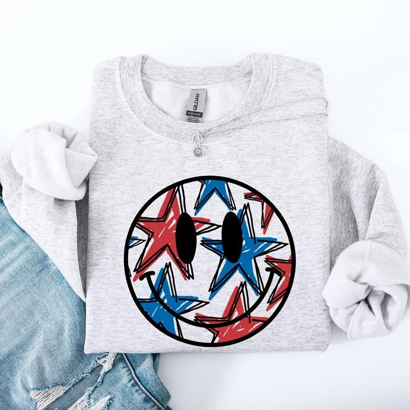 Retro Smiley Patriotic USA America 4th July Crew Neck T-Shirts, Hoodie, Sweatshirt