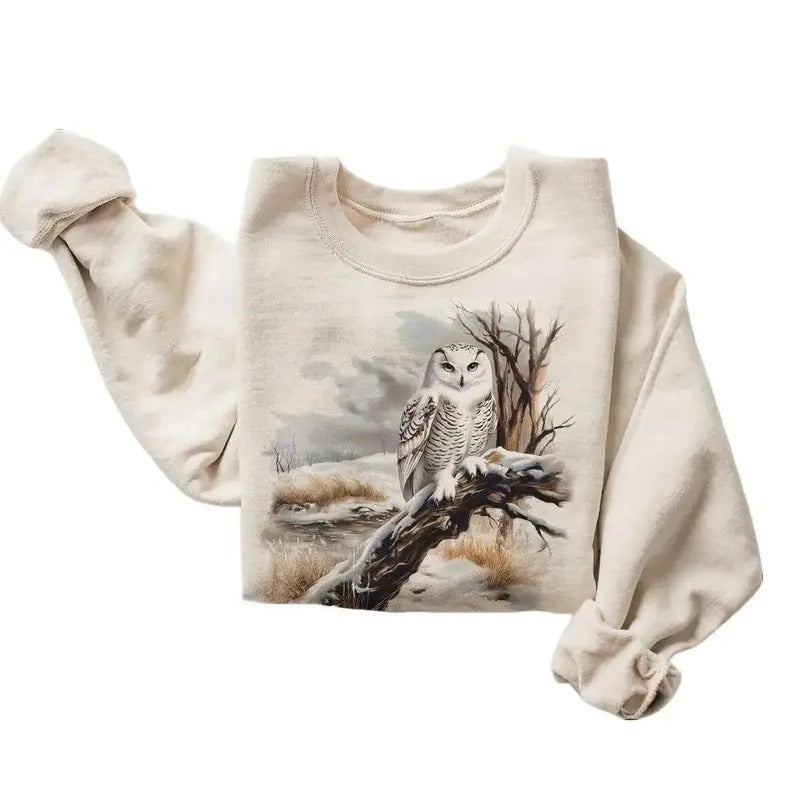 Retro Snowy Owl Winter Scene Sweatshirt - Nineties 90s Vintage Owl Perched On Tree Outfit - Birds Of Prey