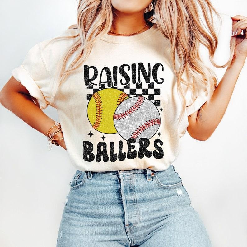 Retro Softball Baseball Tshirt, Glitter Baseball Shirt, Sports Tee, Raising Ballers T-Shirt, Baseball Mom Shortsleeve...