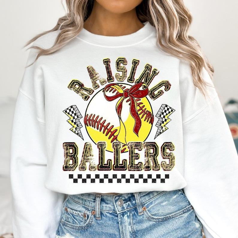 Retro Softball Baseball , Raising Ballers , Game Day Softball , Baseball Coquette Bow , Baseball Mom Sweatshirt Shirt Hoodie