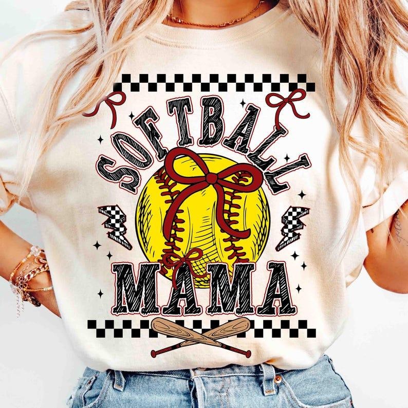 Retro Softball Mama Checkered Tshirt, Softball Mama Shirt, Softball Coquette Bow Tee Hoodie Sweatshirt | PrintMintTees.com