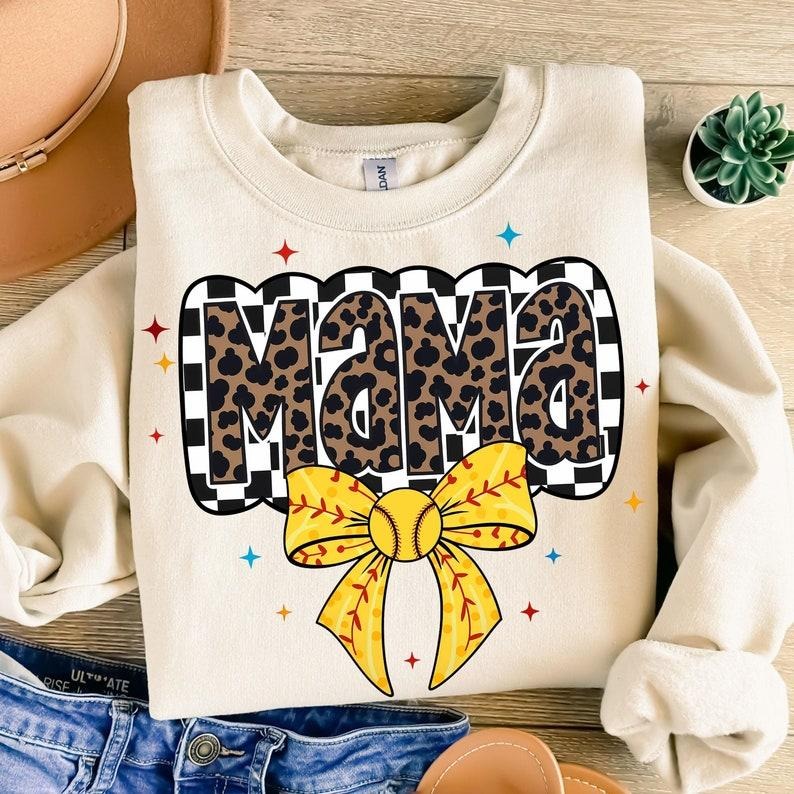 Retro Softball Mama Sweatshirt Softball Coquette Bow Game Day Softball Mom Checkered Softball Shirt Hoodie
