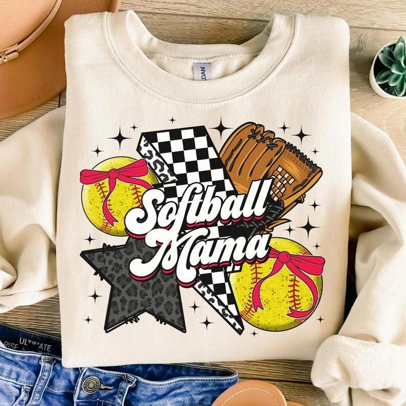Retro Softball Mama Sweatshirt Softball Coquette Game Day Softball Bow Checker Softball Mom Shirt Hoodie | PrintMintTees.com