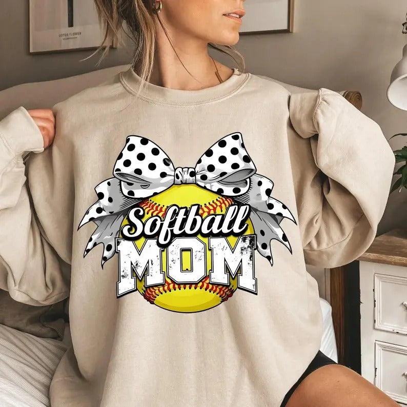 Retro Softball Mom Sweatshirt Coquette Bow Softball Mama Game Day Softball Bow Sports Shirt Hoodie | PrintMintTees.com