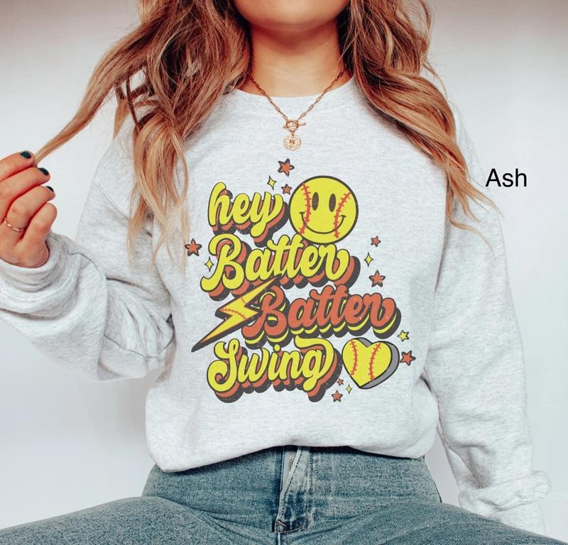 Retro Softball Sweatshirt, Hey Batter Swing Shirt, Softball Dad Shirt, Gifts For Softball Lovers, Long Sleeve Crewneck...