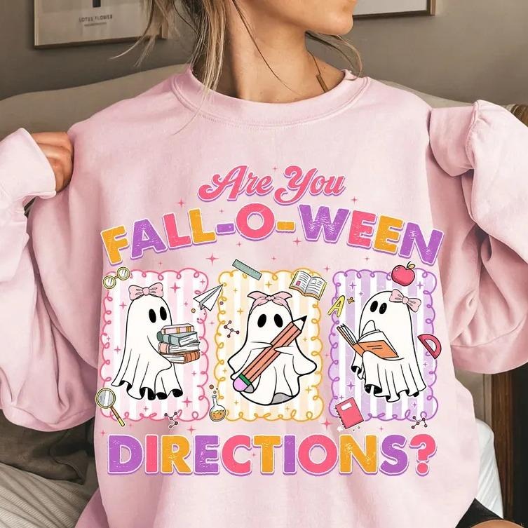 Retro Spooky Teacher Halloween Sweatshirt and T-Shirt, Cute Ghost Teacher Boo Shirt, Spooky Vibes School Outfit, Trick or...